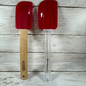 (2)Everyday Living Kitchen Collection Red Silicone Spatula Set Wood Plastic